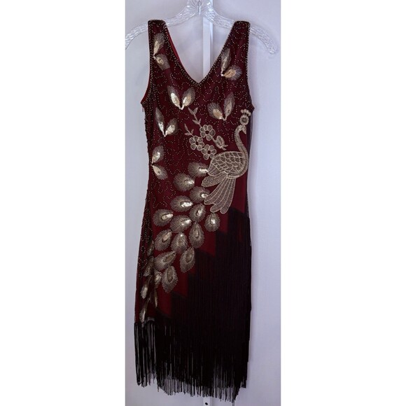 Babeyond XS 1920s Flapper Dress Burgundy Gold Beaded Sequin Peacock Fringe Zip - Picture 1 of 12